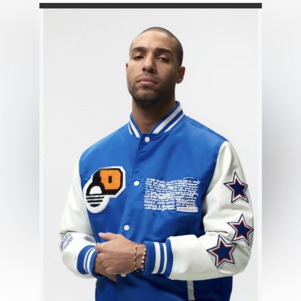 Zara Blue and White Varsity Jacket with Patches very unique